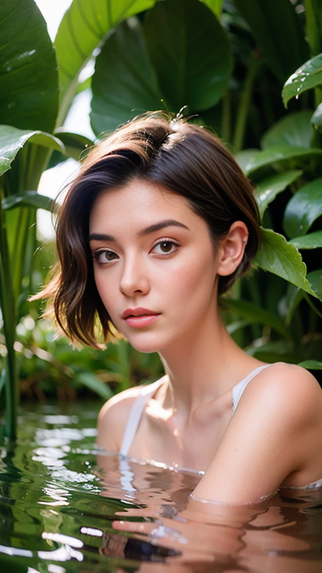 Best quality, masterpiece, meticulous detail, realistic, 8k, hi-res, RAW photo, photorealistic, a mystical lady getting wet in the middle of rainforest, raining heavily, makeup washed away by the rain water, short hair