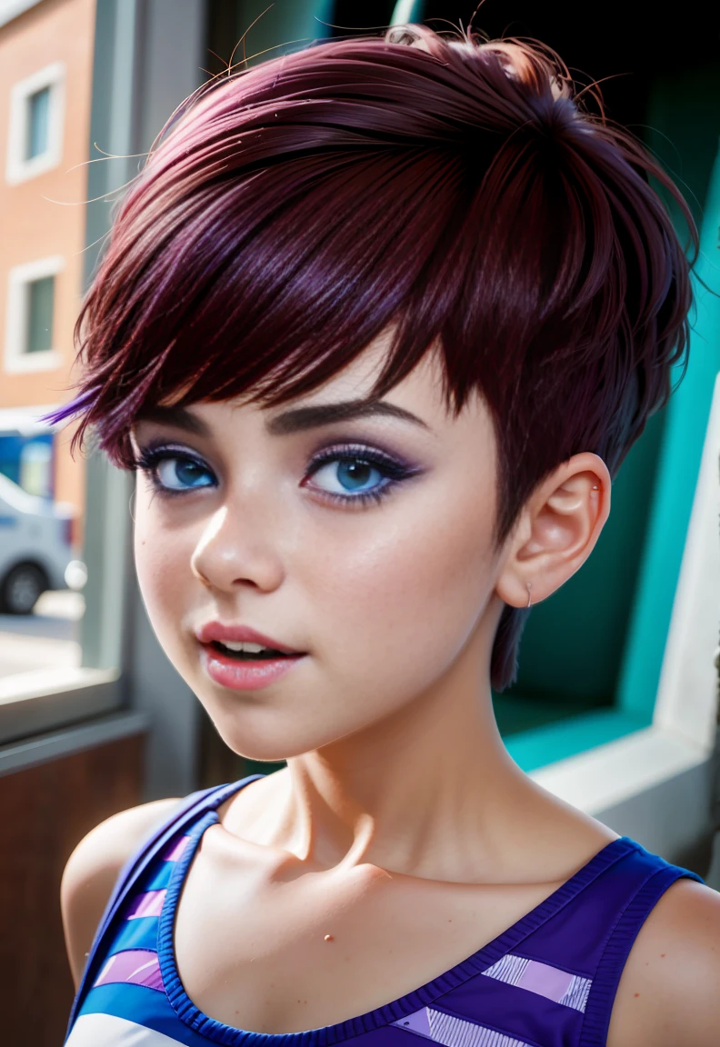 Altas Resoluciones, Sombras, absurdos, mejor_calidad, ultra_Detallado, 8K, sumamente_Claro, Director of photography, hermoso, sharp focus, HDR,
A cute pop singer with short light brown hair.. , Pixie cut and symmetrical blue eyes.. , con pecas en mejillas y nariz , linda sonrisa , maquillaje , sombra de ojos color morado, sostiene una guitarra electrica y canta ,Viste con un traje de lujo. Consistiendo en un vestido de gala purpura sin mangas, with a dynamic angle, capturada en una toma de vaquero altamente detallada, exudando una feliz, con tonos relajantes y una mezcla contrastante de luz y sombra, todo mientras enfatiza el cabello, Los ojos, the mouth and the action of the subject in a composition that is pleasing to the eye and stimulating , fondo variado , Luna Loud