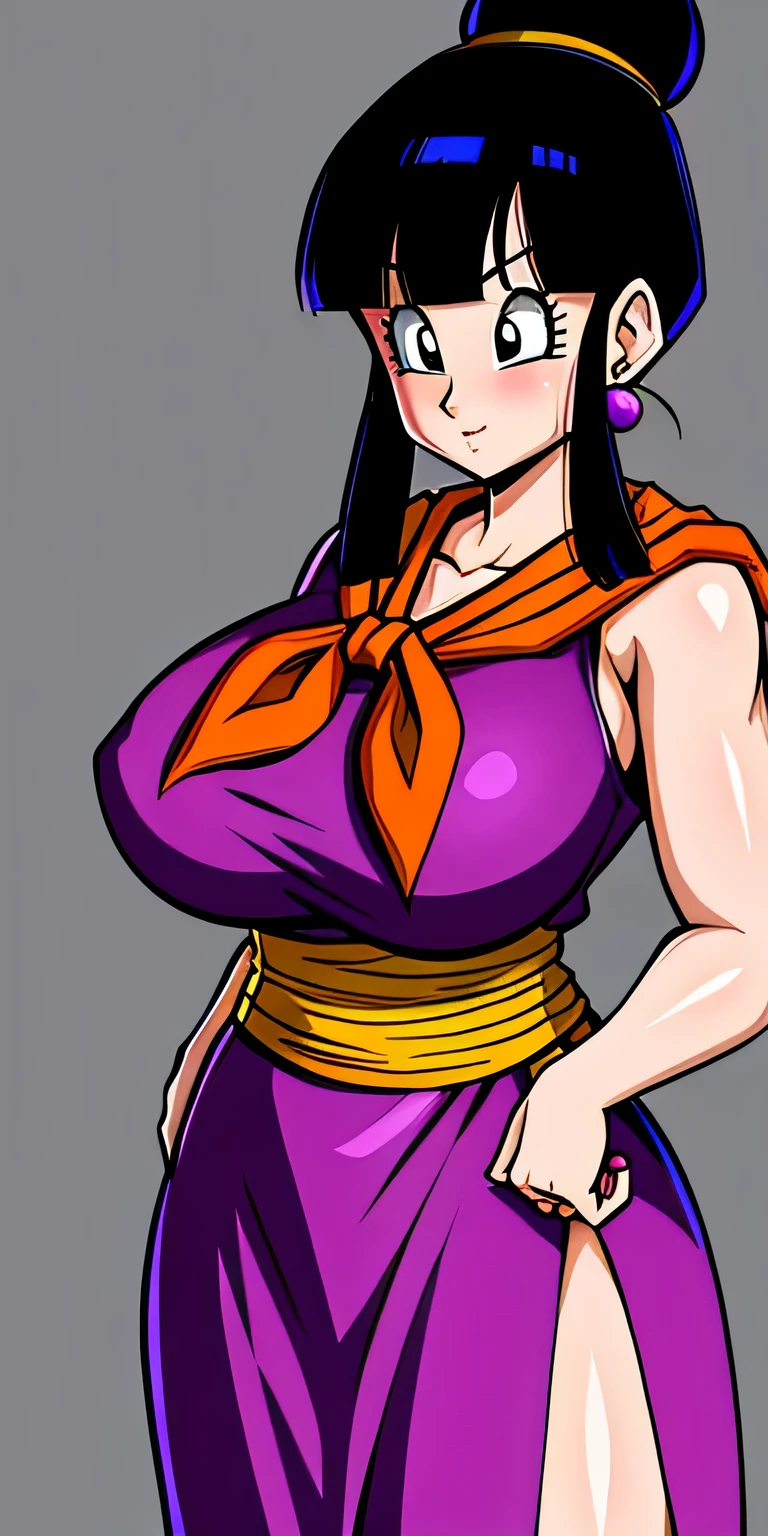 chichi_dbz, standing, solo, large_breasts, Purple_Dress_Orange_Neckerchief, masterpiece, best quality, detailed face, detailed eyes, highres,