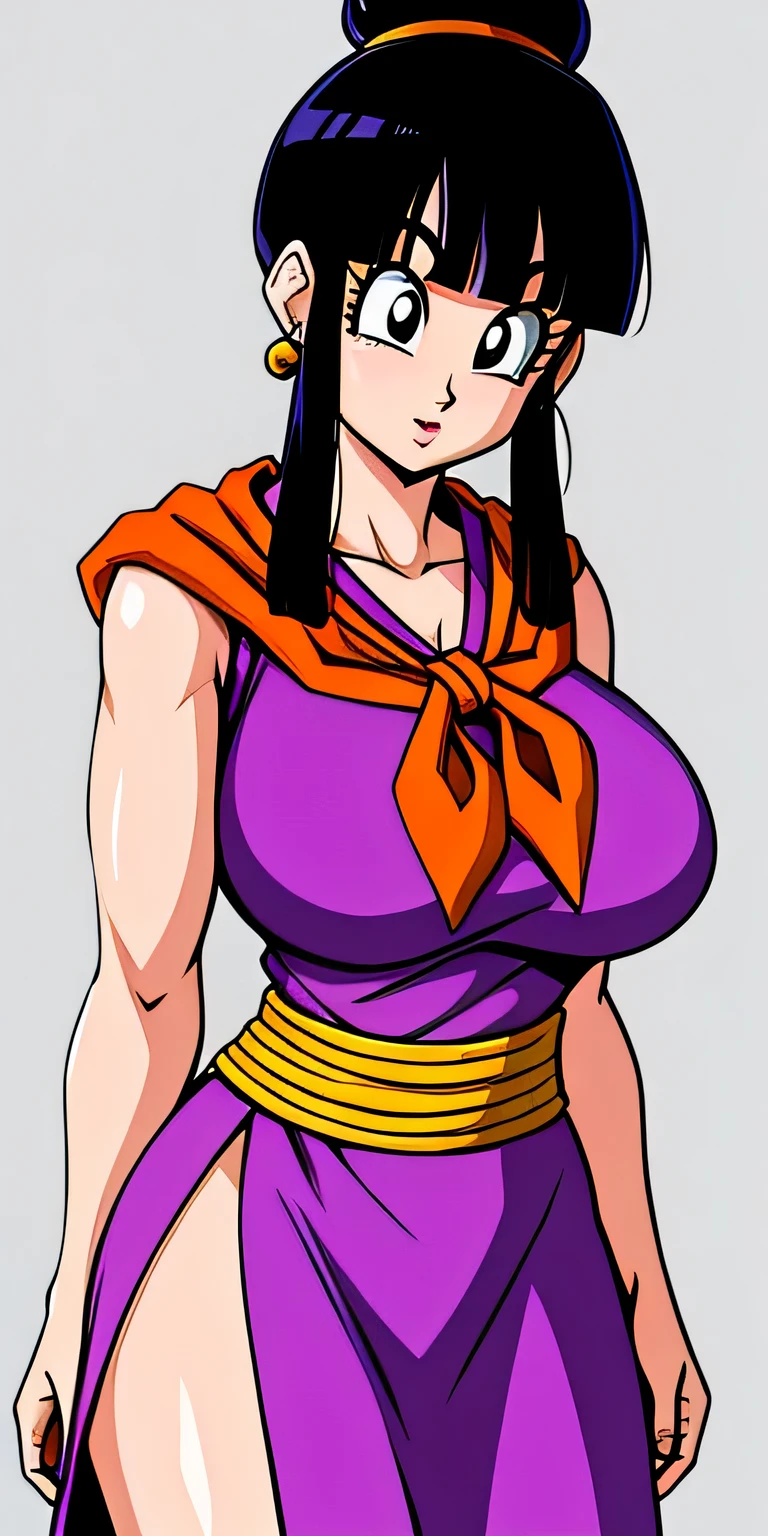 chichi_dbz, standing, solo, large_breasts, Purple_Dress_Orange_Neckerchief, masterpiece, best quality, detailed face, detailed eyes, highres,