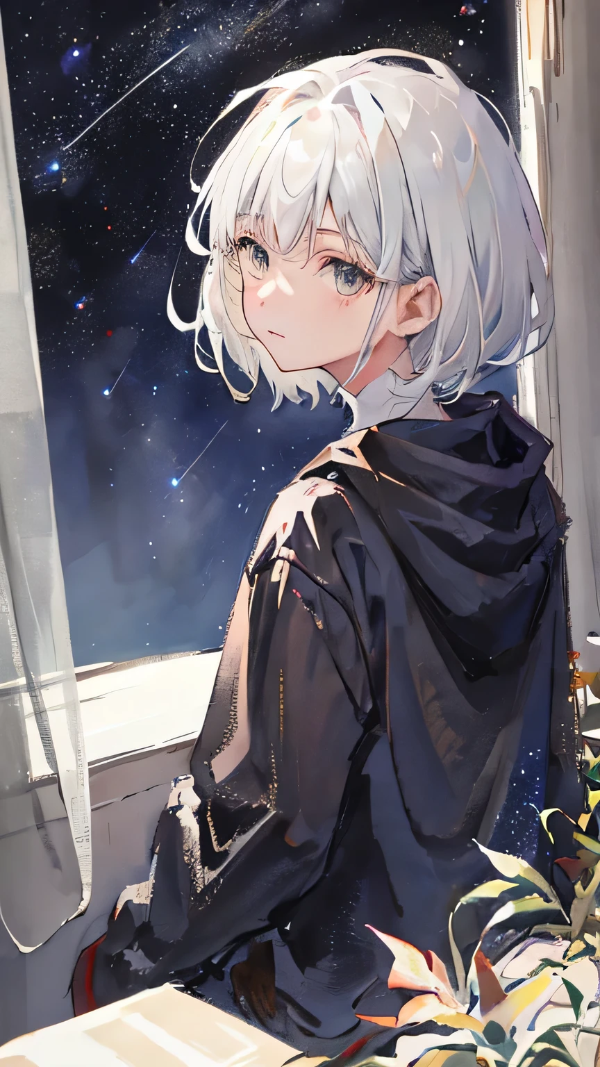 girl，white hair，short hair，Silver eyes，Sit and look back at me，Only the upper body is visible，beautiful starry sky