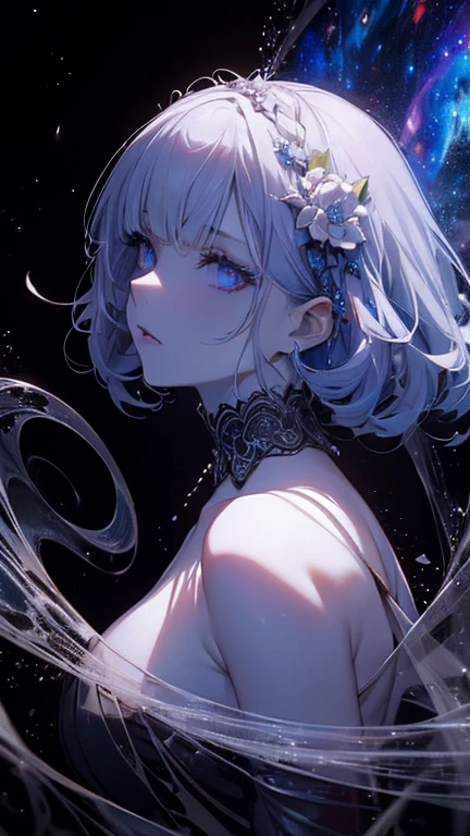 A stunning neo-Victorian cosmic cannibal, her ethereal beauty contrasting with the macabre nature of her existence: porcelain skin adorned with delicate lace, opalescent eyes glazed with hunger, and tendrils of swirling galaxies woven into her flowing midnight hair. This intricate portrait is a mesmerizing gouache painting, meticulously detailed and expertly rendered, capturing every nuanced feature with breathtaking precision. The juxtaposition of elegance and horror is masterfully portrayed, inviting viewers to delve into the haunting narrative of a celestial being consumed by her own darkness.