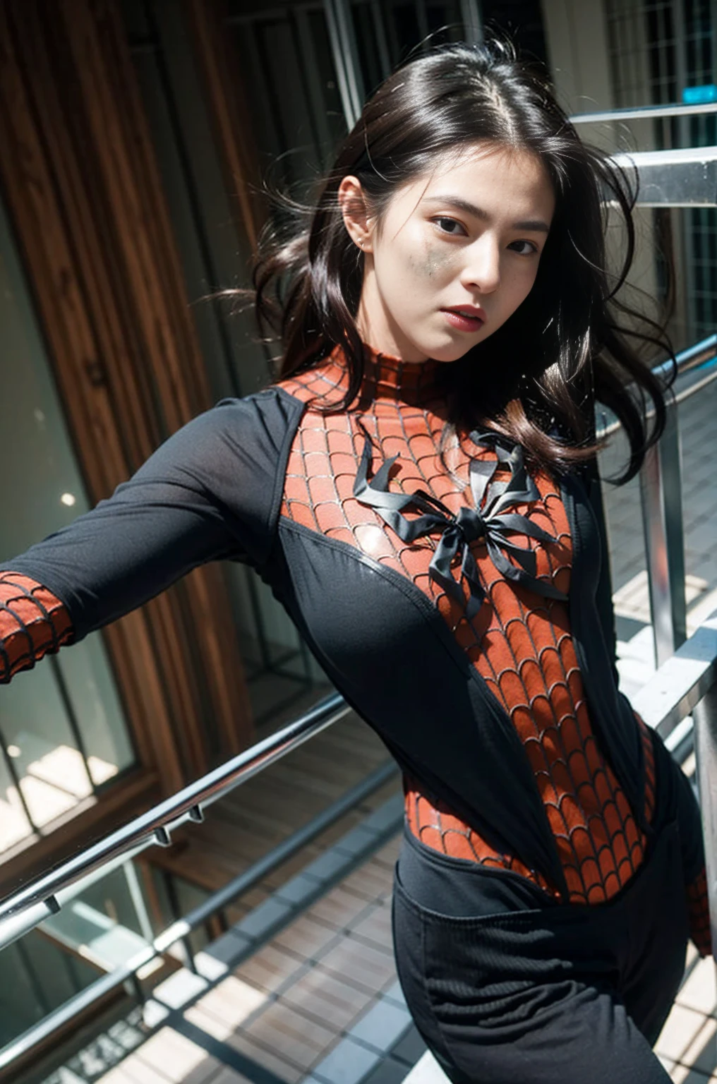 (masterpiece), best quality, perfect face,1girl, the Spiderman armor suit, in action