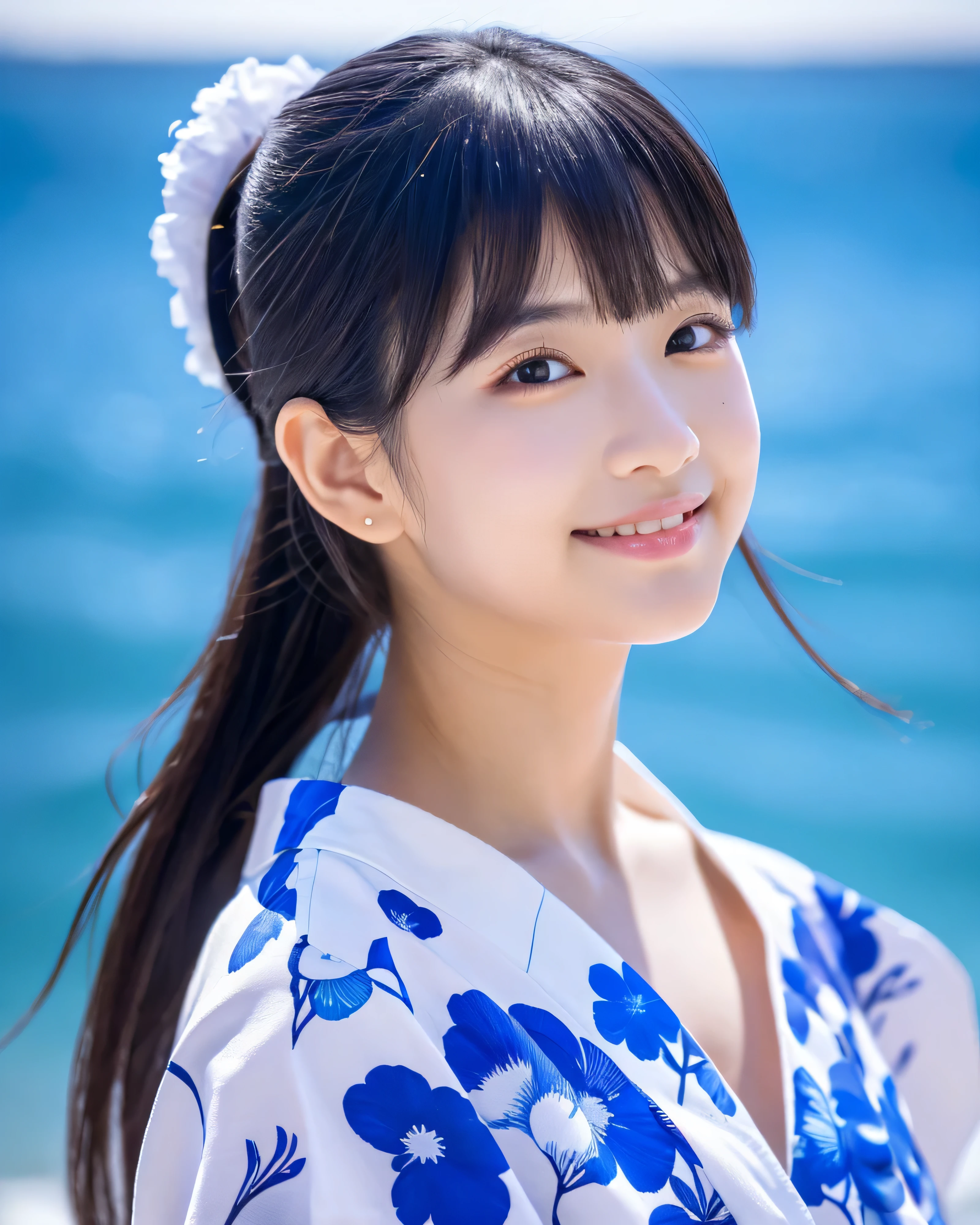 (highest quality, 8k, High resolution, masterpiece:1.2), beautiful japanese girl, 16 years old, glossy black hair, ponytail, asymmetrical bangs, Big sapphire eyes, High resolutionの潤んだ瞳, smooth soft skin, pale pink lips, natural makeup, gentle smile, white floral kimono, traditional Japanese Yukata, (whole body:1.3), In the clear, cobalt blue ocean, detailed blue sky, shaved ice, professional lighting