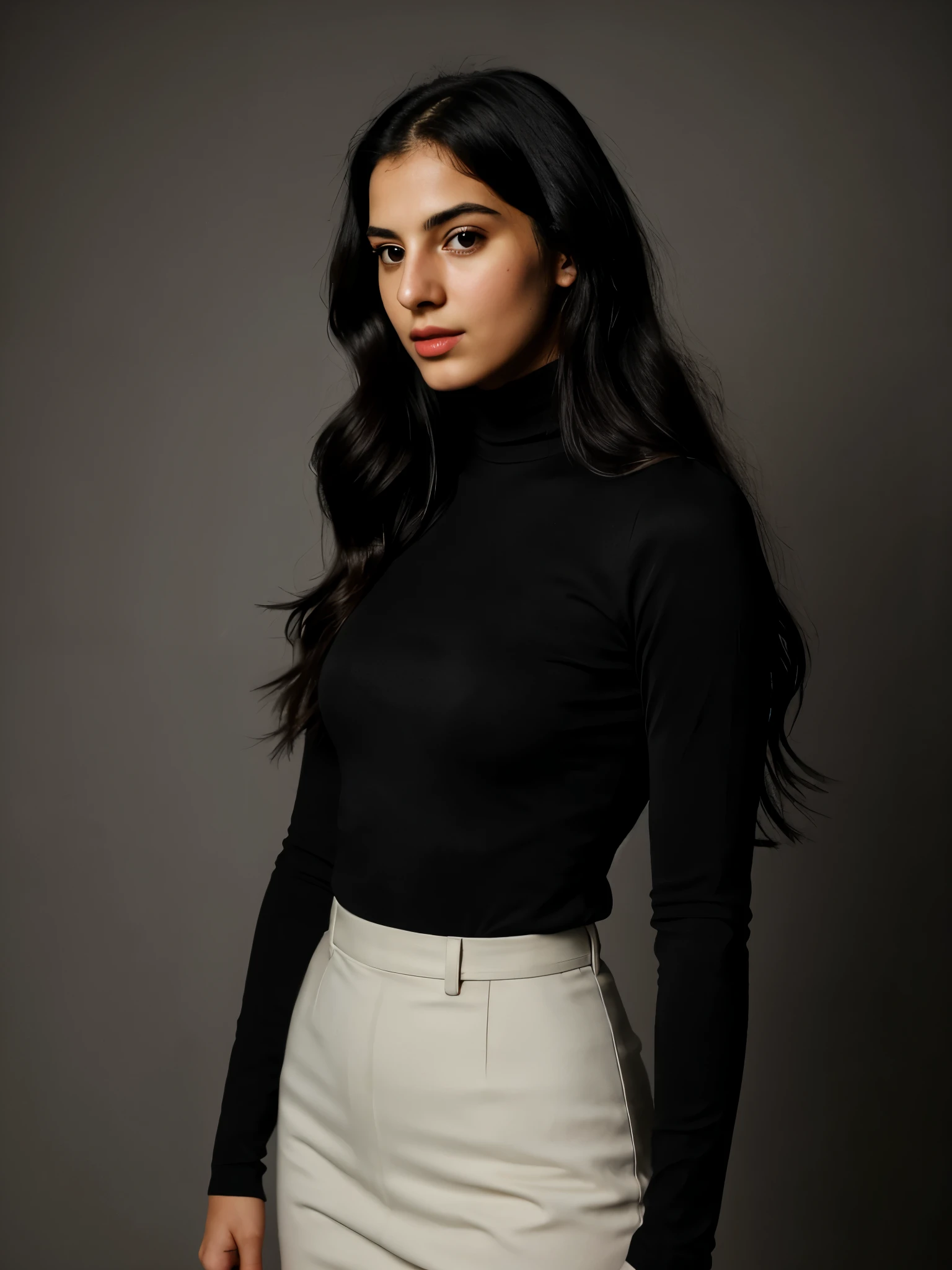 analog raw candid photo of a beautiful young Greek woman, realistic skin texture, black long wavy hair, slim, (closed mouth:1.1), black turtleneck shirt, studio lighting, studio portrait, 35mm, perfect proportion, half body portrait 