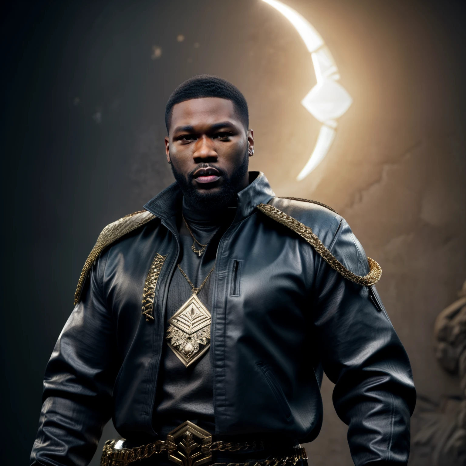 there is a godly man with a beard and a sword standing in front of a wall, unreal 5. rpg portrait, hip hop style 8 k octane render, created in unreal engine 5, 8k portrait render, cinematic unreal 5, handsome prince warrior of NY, yasuke 5 0 0 px models, 8 k cg render, rendered in unreal 5, rendered in unreal engine 5, Son of Australian Rhea Ripley, african American, Genetics, a will to thrive, Masculine traits and attributes, 50 Cent energy, dark hair shaved, vibrant brown eyes, radiant, focused, ambitious, confident, observant, competent, Streetwear inspired clothing, luxury streetwear, hip hop vibe, art, luxurious, Cancer Sun Sign traits, Sagittarius Moon traits, natal chart, Libra ascendant, high quality long sleeve shirt, wearing diamond chain draped on upper body