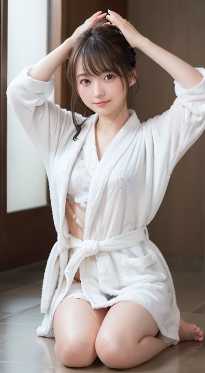 innocent 18 year old girl、((random color bathrobe,dramatic pose)),cute face,bright eyes,tear bag,shy smile,shortcut,hotel background,Raw photo, (8K、highest quality、masterpiece:1.2)、(intricate details:1.4)、(realistic:1.4)、octane rendering、Intricate 3D rendering Super detaileded, soft light in the studio, rim light, vivid details, Super detailed, realistic skin texture, face, Beautiful eyes in every detail, Highly detailed CG Unity 16k wallpaper, compensate, (detailed background:1.2), shiny skin, whole body、draw from head to foot,((raise hands and arms,Stand on your knees,I can see your thighs))