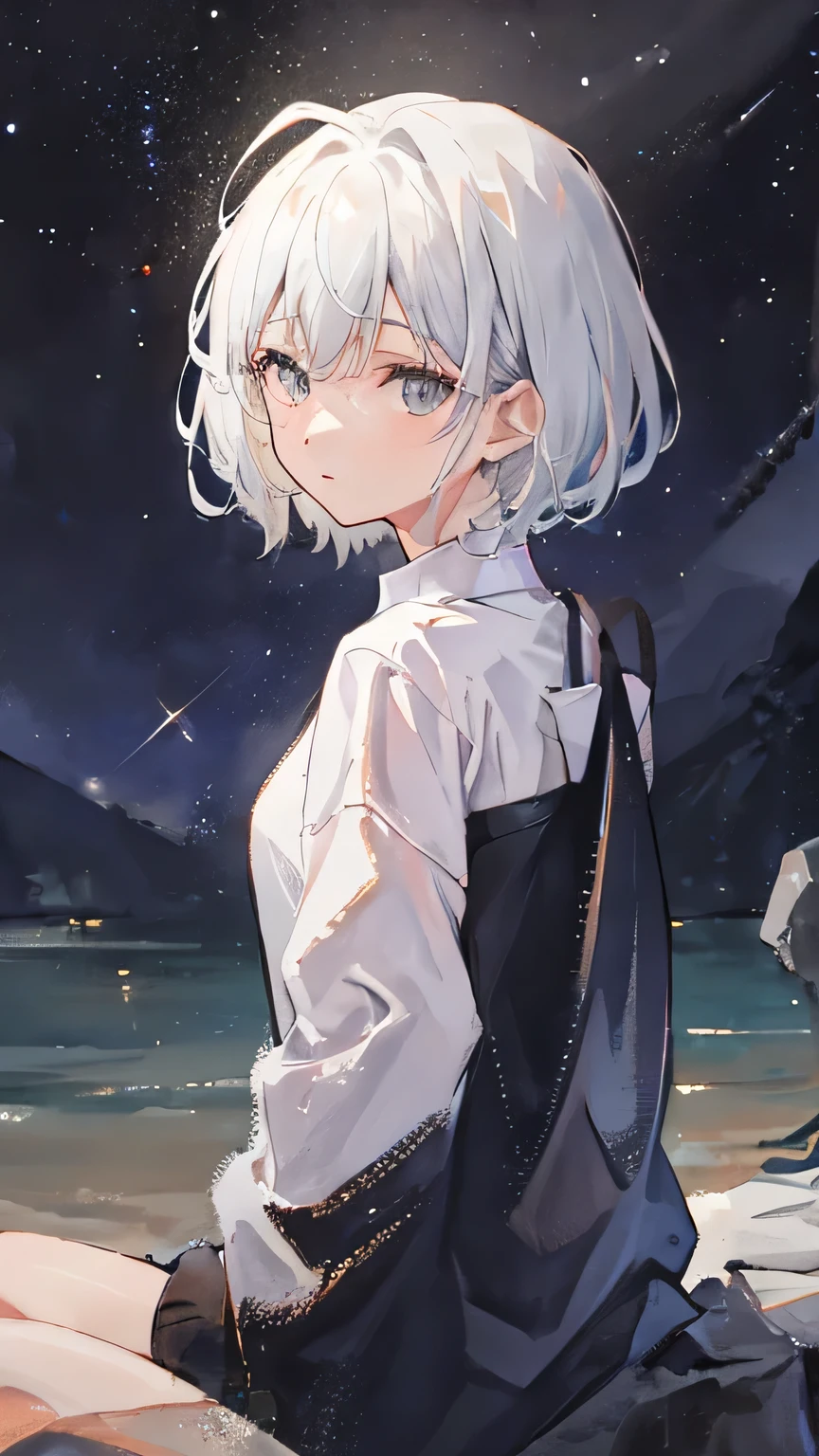 girl，white hair，short hair，Silver eyes，Sit and look back at me，Only the upper body is visible，beautiful starry sky