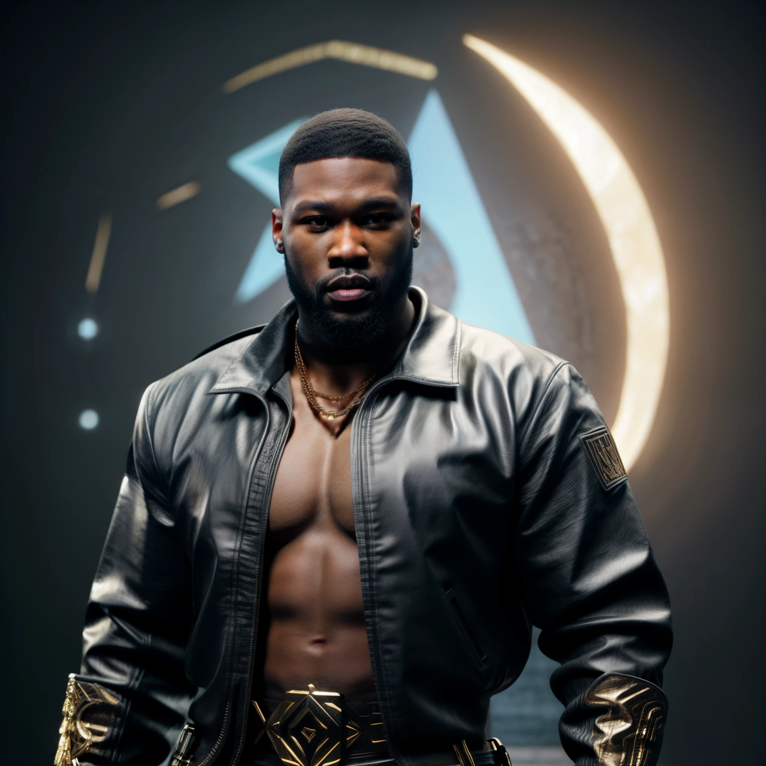 there is a godly man with a beard and a sword standing in front of a wall, unreal 5. rpg portrait, hip hop style 8 k octane render, created in unreal engine 5, 8k portrait render, cinematic unreal 5, handsome prince warrior of NY, yasuke 5 0 0 px models, 8 k cg render, rendered in unreal 5, rendered in unreal engine 5, Son of Australian Rhea Ripley, african American, Genetics, a will to thrive, Masculine traits and attributes, 50 Cent energy, dark hair shaved, vibrant brown eyes, radiant, focused, ambitious, confident, observant, competent, Streetwear inspired clothing, luxury streetwear, hip hop vibe, art, luxurious, Cancer Sun Sign traits, Sagittarius Moon traits, natal chart, Libra ascendant, high quality long sleeve shirt, wearing diamond chain draped on upper body 
