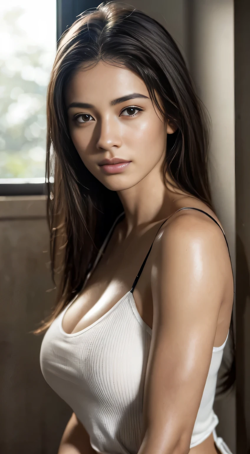 dressed, (photo realistic:1.4), (hyper realistic:1.4), (realistic:1.3), (smoother lighting:1.05), (increase cinematic lighting quality:0.9), 32K, 1girl,20yo girl, (large breasts: 1.2), realistic lighting, backlighting, light on face, ray trace, (brightening light:1.2), (Increase quality:1.4), (best quality real texture skin:1.4), finely detailed eyes, finely detailed face, finely quality eyes, (tired and sleepy and satisfied:0.0), face closeup, white loose tank top , (((black under strap))) (Increase body line mood:1.1), (Increase skin texture beauty:1.1)