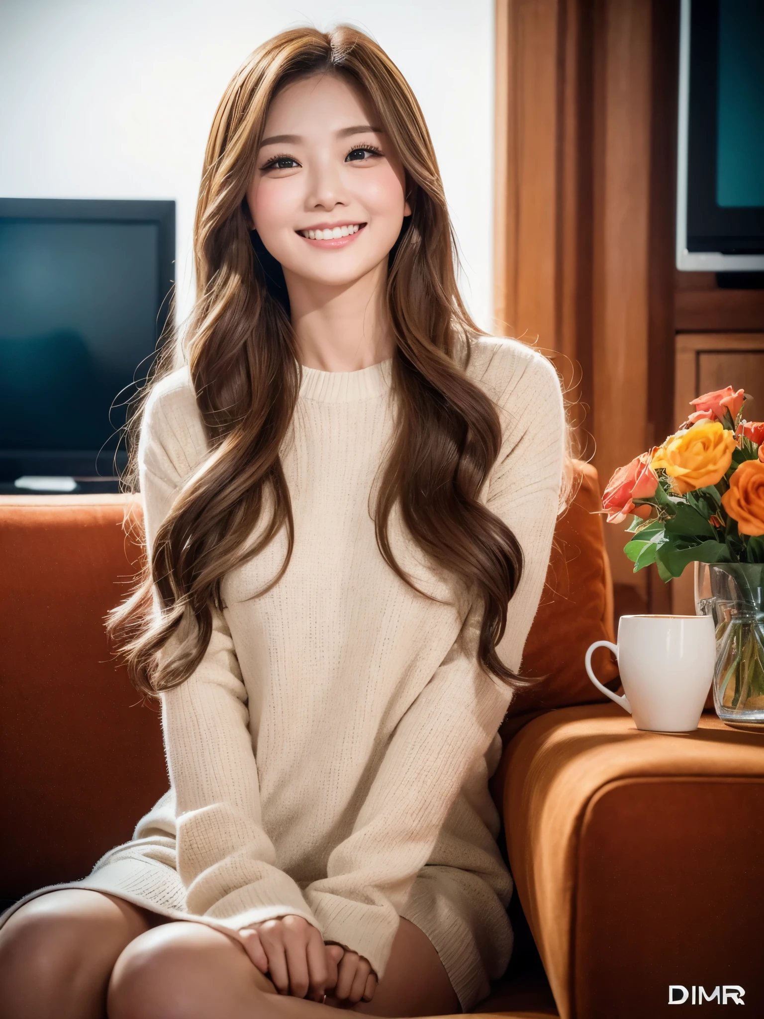 (girl: 1.6), (roller:russian doll:0.4), (roller:Taiwanese humanoid:0.4), (highest quality, 8K, masterpiece: 1.3), focus 1.2, perfect body beauty: 1.4, Highly detailed face and skin texture, delicate eyes, double eyelid, whitened skin, long hair split ends, (round face: 1.4), looking at the audience, Smiling with leaking teeth, sitting next to the audience, window, (full body: 1.1), Home, sofa, lamp, Tea cup, tv set, coffee table, flowers, (warm color: 1.5), (dim light: 1.2)