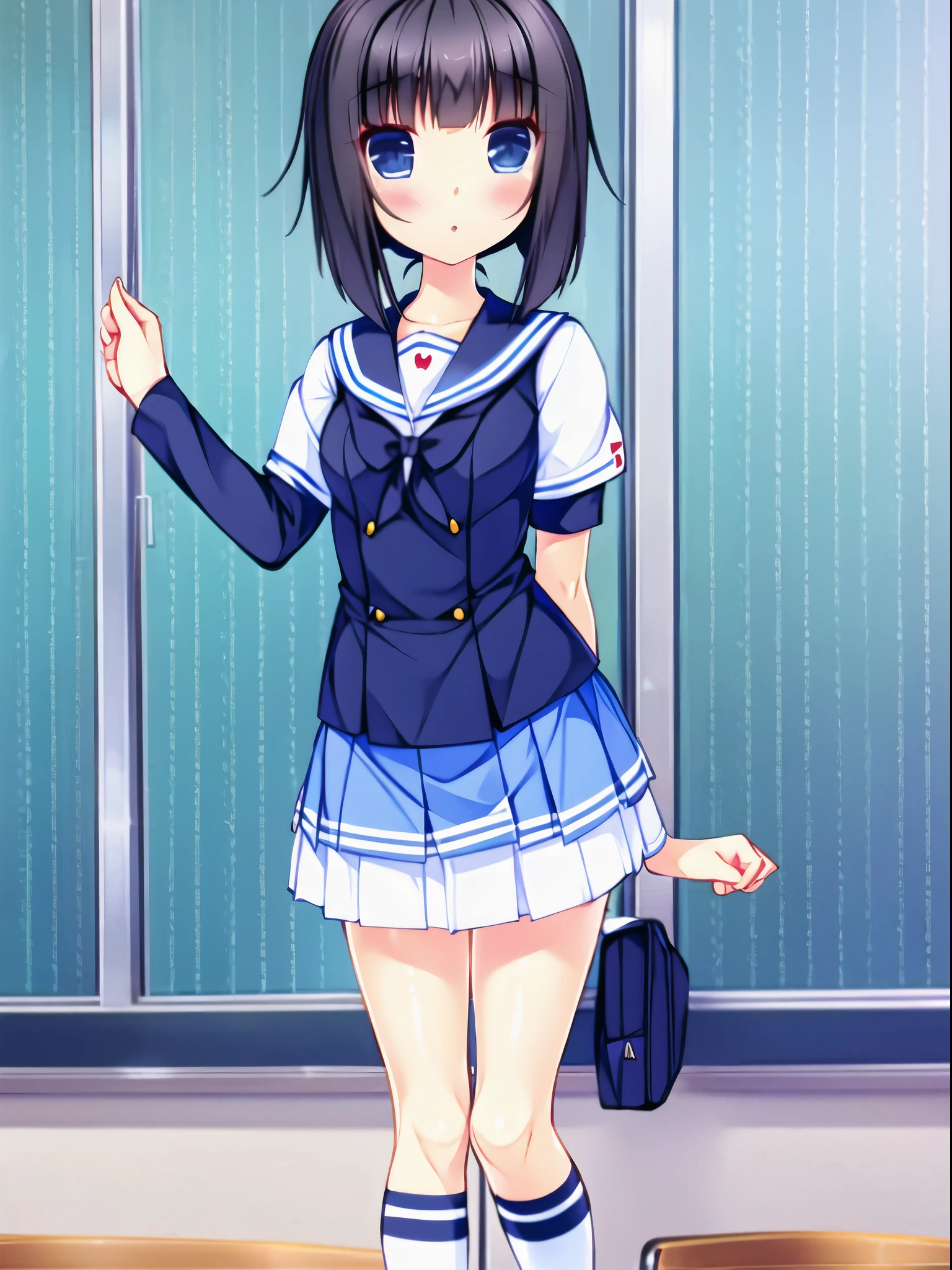 1 girl black hair blue eyes in white sailor uniform with half-sleeve top miniskirt under body navy blue black socks　sneaker in school classroom