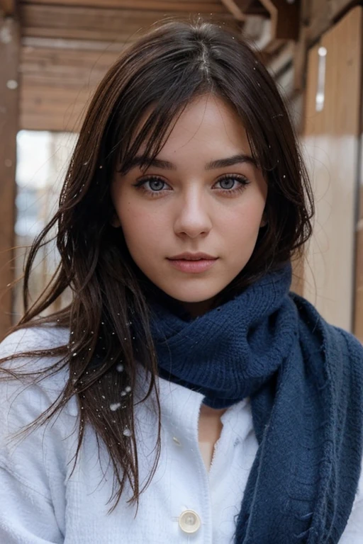 jeune femme de 25 ans, brune aux yeux bleus, nue allongée dans la neige