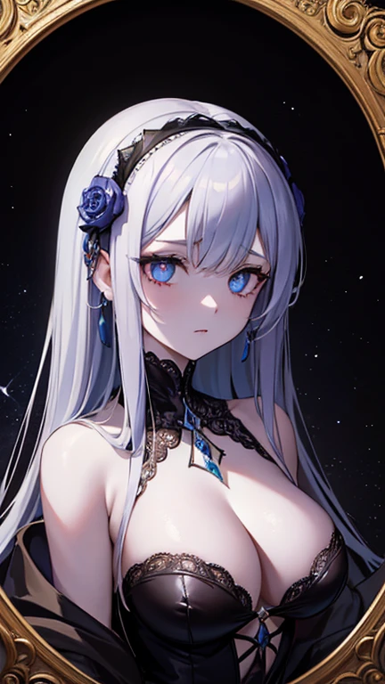 A stunning neo-Victorian cosmic cannibal, her ethereal beauty contrasting with the macabre nature of her existence: porcelain skin adorned with delicate lace, opalescent eyes glazed with hunger, and tendrils of swirling galaxies woven into her flowing midnight hair. This intricate portrait is a mesmerizing gouache painting, meticulously detailed and expertly rendered, capturing every nuanced feature with breathtaking precision. The juxtaposition of elegance and horror is masterfully portrayed, inviting viewers to delve into the haunting narrative of a celestial being consumed by her own darkness.