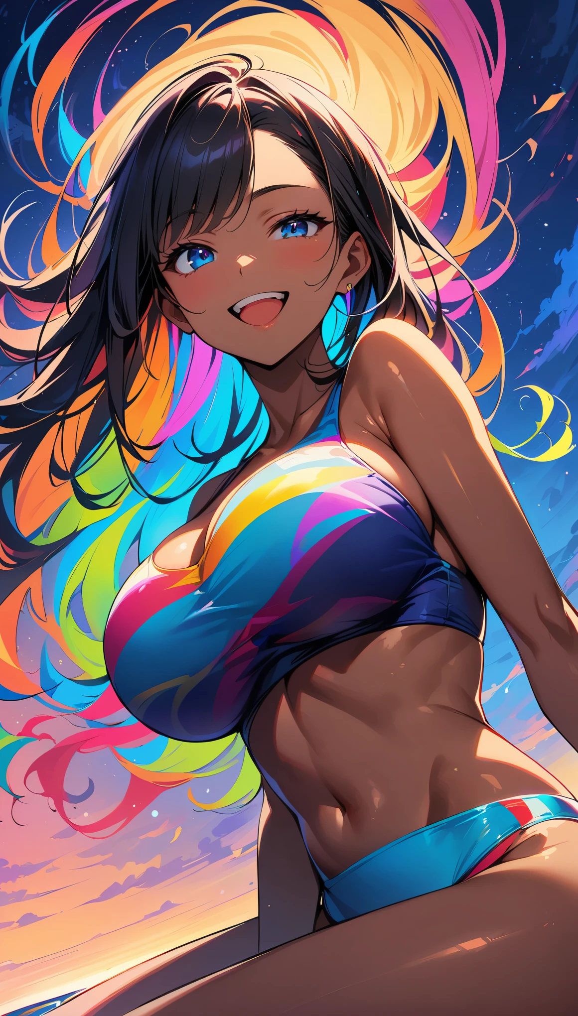 (high quality, 8k, 4k, high contrast, masterpiece:1.2, best quality, best aesthetics), (dynamic angle), alone, (((young woman,Beautiful Black Woman, Ebony 1 Female))), (small face), (high detail skin:1.2), cute face, (rainbow hair), beautiful breasts, (slim body shape:1.4), very detailed顔と肌の質感, look sideways, place your hands behind your body, deep ebony:1.2, ((Long bangs on one side, asymmetrical bangs, one eye is hidden)), slender body, ((open your mouth and smile:1.2)), big breasts, sitting:1.2, normal hip joint, Composition from below, (((colorful swimwear:1.2))), Coast at dusk, staring eyes, shiny skin, perfect fingers, five fingers, background bokeh, bright colors, very detailed,