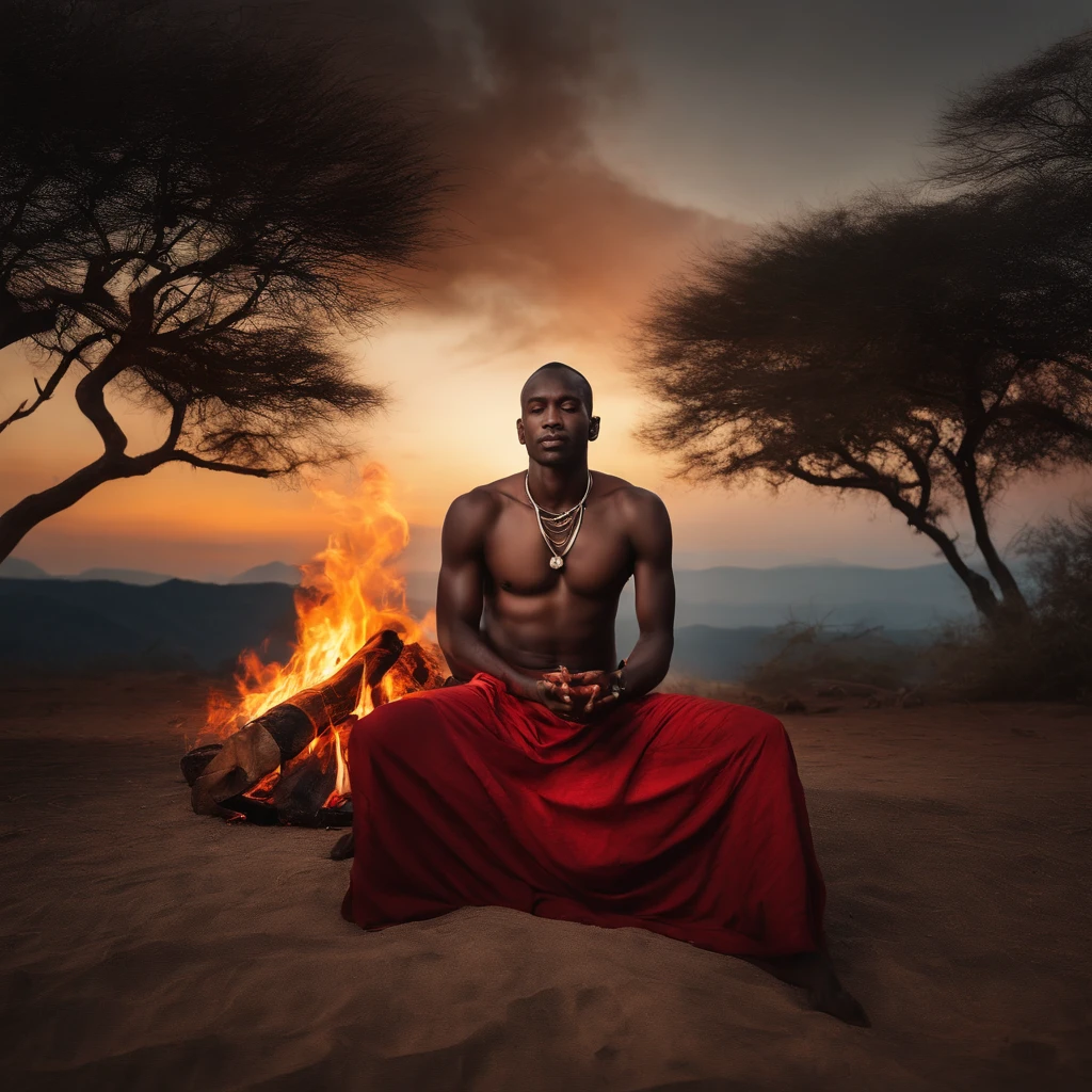 Mitologia Africana. Relista. Homem negro bonito, ajoelhado de frente para a foto, In prayer, Hands together, sem camisa, Red pants, colar fino de contas vermelhas. Dark scenery with a big bonfire behind