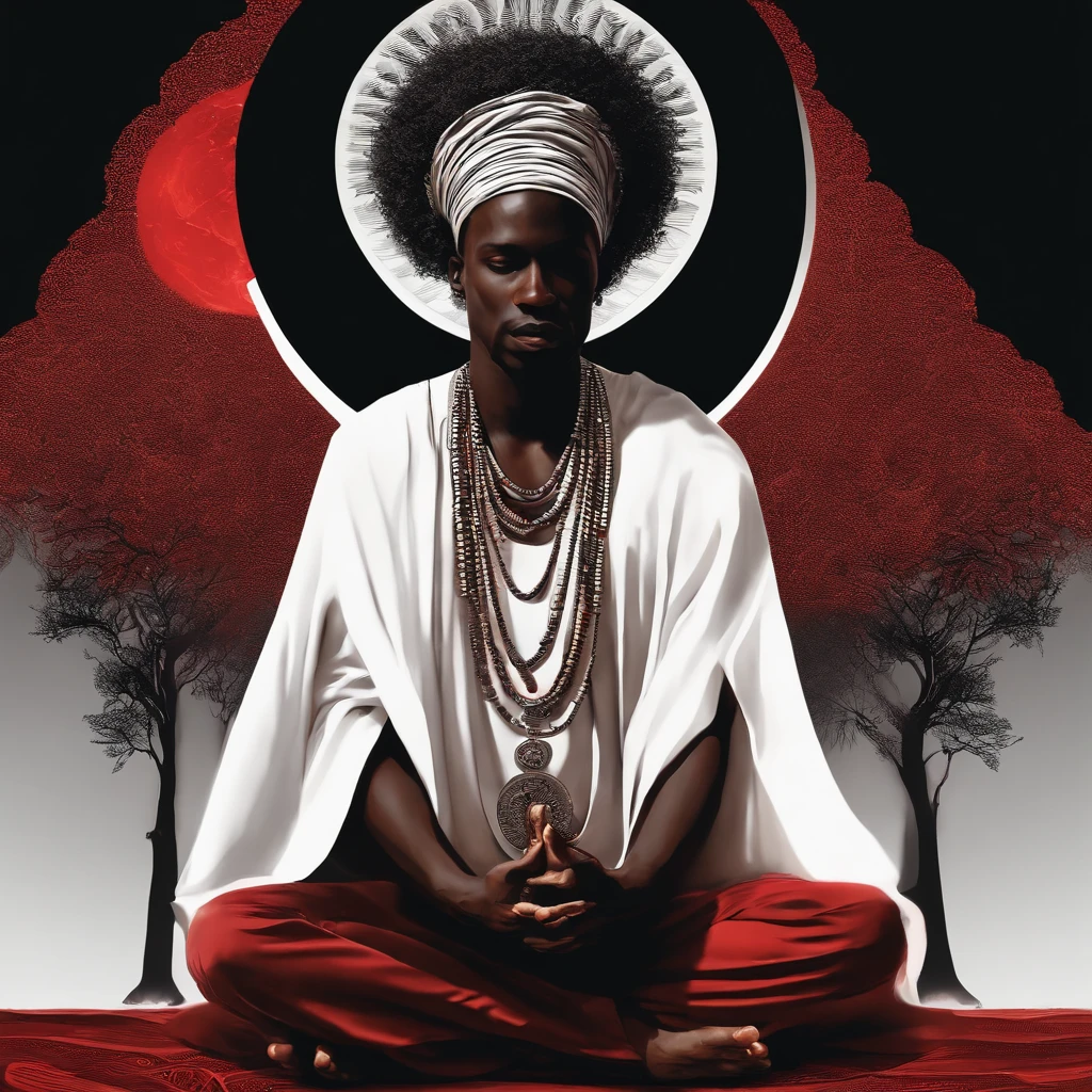Mitologia Africana. Relista. Homem ????? bonito, ajoelhado de frente para a foto, In prayer, Hands together, sem camisa, Red pants, colar fino de contas vermelhas. Dark scenery with a big bonfire behind 