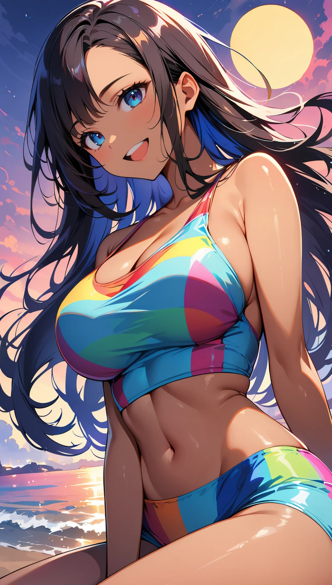 (high quality, 8k, 4k, high contrast, masterpiece:1.2, best quality, best aesthetics), (dynamic angle), alone, (((young woman,Beautiful Black Woman, Ebony 1 Female))), (small face), (high detail skin:1.2), cute face, (rainbow hair), beautiful breasts, (slim body shape:1.4), very detailed顔と肌の質感, look sideways, place your hands behind your body, deep ebony:1.2, ((Long bangs on one side, asymmetrical bangs, one eye is hidden)), slender body, ((open your mouth and smile:1.2)), big breasts, sitting:1.2, normal hip joint, Composition from below, (((colorful swimwear:1.2))), Coast at dusk, staring eyes, shiny skin, perfect fingers, five fingers, background bokeh, bright colors, very detailed,