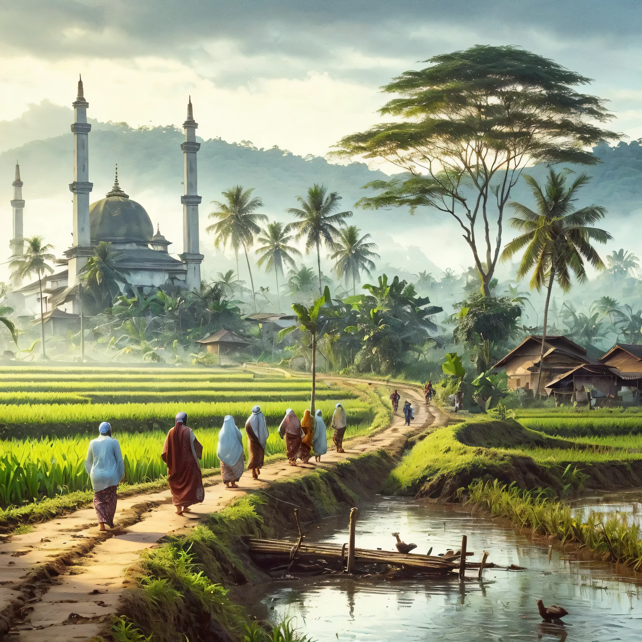 sebuah pemandangan pedesaan, jalan raya di depan sebuah rumah, di sampingnya terdapat air terjun mengalir deras, bebatuan, pohon kelapa, pohon pisang, banyak kendaraan lalu lalang, dengan background pegunungan yang berkabut, impresionisme.