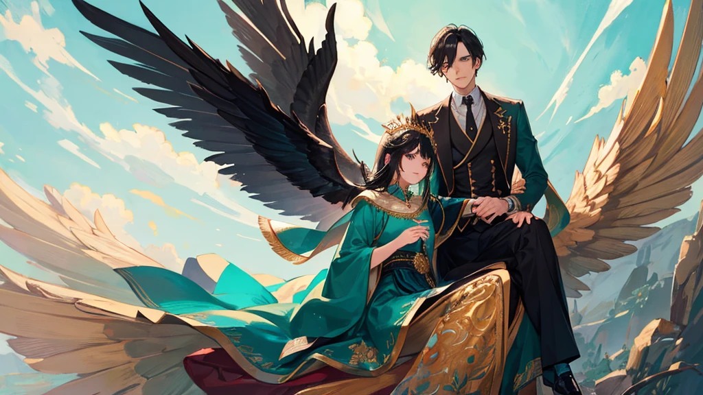 handsome boy, black hair, royal clothes, majestic black wings, phoenix bird, beautiful girl, mint colored hair, royal clothes, fairy wings, flying dragonflies, romantic pose, 8k resolution, sky