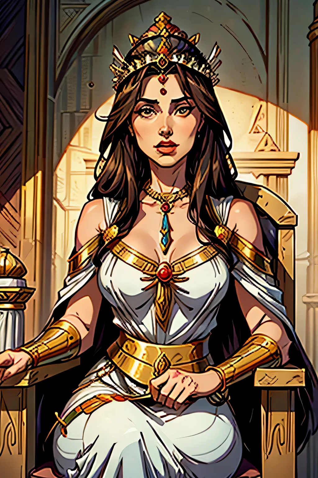 best quality image, woman 40 years old, biblical style queen, long dark hair, intriguing look, wearing priestess clothes, full of jewelry on her neck and hands, with a crown on her head, sitting on a biblical style throne, with nothing in her hands , queen jezebel, biblical style, Hebrew, biblical character
