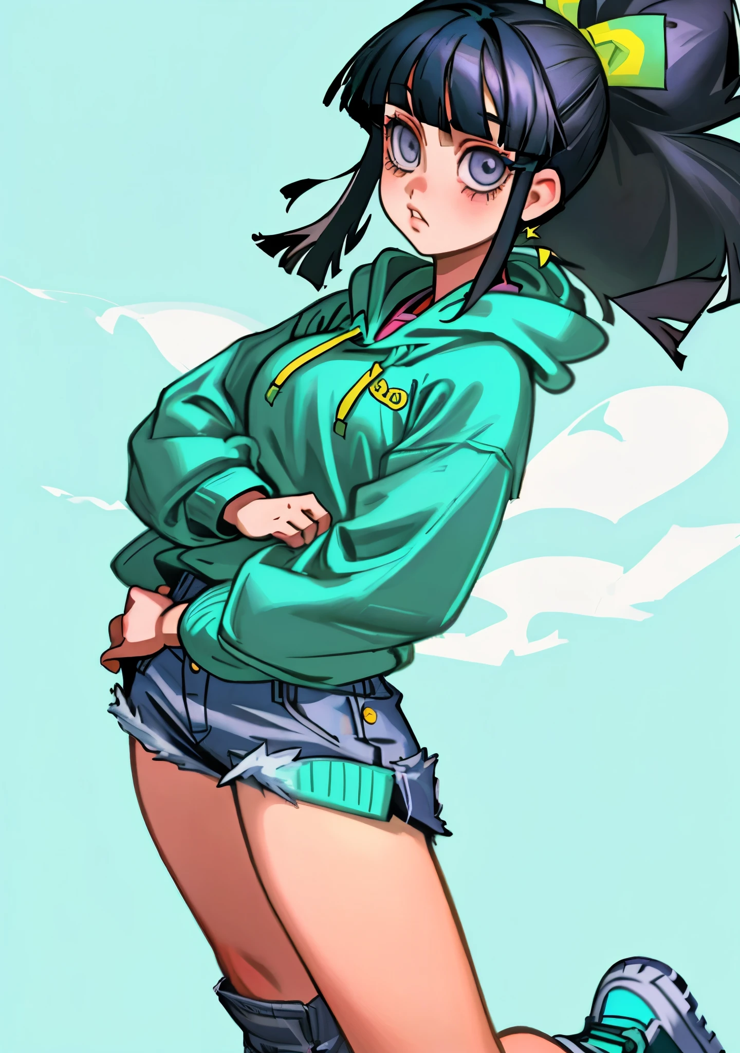 (best quality, masterpiece), 1girl, kimetsu no yaiba, masterpiece, best quality, 1girl, (solo:1.5), female, , black hair, blunt bangs, long straight hair, grey eyes, hoodie, blue jeans, sneakers. simple background. illustration, bob cut, simple background, good composition