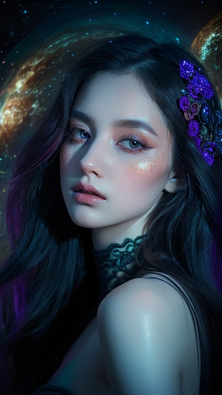 A stunning neo-Victorian cosmic cannibal, her ethereal beauty contrasting with the macabre nature of her existence: porcelain skin adorned with delicate lace, opalescent eyes glazed with hunger, and tendrils of swirling galaxies woven into her flowing midnight hair. This intricate portrait is a mesmerizing gouache painting, meticulously detailed and expertly rendered, capturing every nuanced feature with breathtaking precision. The juxtaposition of elegance and horror is masterfully portrayed, inviting viewers to delve into the haunting narrative of a celestial being consumed by her own darkness.