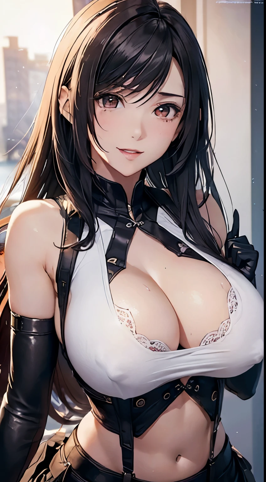 ((((((1 man and 1 woman,Make love and have passionate and satisfying sex:1.2)))))), ((((show off nipple，show off breasts))))，8K，master piece，quality loss，big，（1 huge breasts），tifa lockhart，red_eye，brunette colored hair，white long hair，professional lighting，（shiny skin：1.2），shiny big，（（best quality）），fix a sharp focus：1.2，Highly detailed face and skin texture，Detailed eye，That&#39;s a perfect face，perfect body，blur art，cg，With background，20 years，Cool and beautiful adult face，dressed up（（black slip skirt），black elbow gloves， white tight shirt，upper limbs，white vest），red面，A lively attitude，（Mitgal），floating hair，close-up on the chest，smile，cleavage