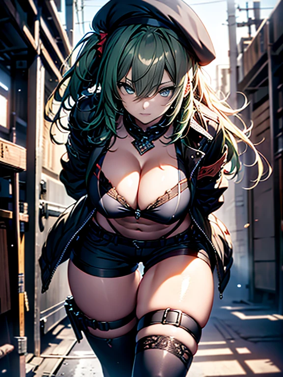 ubel,dark green hair,long hair,side ponytail,hair between eyes,bangs, BREAK (beret, black jacket, open clothes, cleavage, midriff, black shorts, black thighhighs, thigh strap, fingerless gloves, single glove:1.2) BREAK blurry background, BREAK pose, hand on hip, BREAK (masterpiece:1.2), best quality, high resolution, unity 8k wallpaper, (illustration:0.8), (beautiful detailed eyes:1.6), extremely detailed face, perfect lighting, extremely detailed CG, (perfect hands, perfect anatomy),