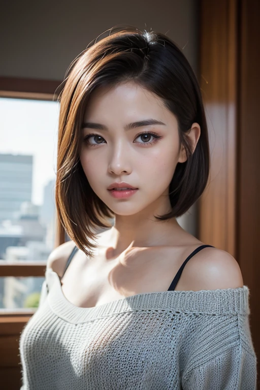 (8K,Raw foto、Raw foto、Top  Quality、master masterpiece:1.2)、extremely highly detailed、super resolution、(Photorealcitic:1.3)、Angle to shoot from the front、Draw the shades of light clearly.、high resolution RAW color photos、professional photoshooting、Human-like skin type、Orthodontic treatment for women in Japan from head to waist、Blur the background、Draw faithfully to the anatomy.、Very detailed and beautiful、ultra-definition、long、bangss、Hair is shaky and sexy、extremely detailed beautiful girl、（pink eye shadow）、knit、Sweaters、The upper part of the body、