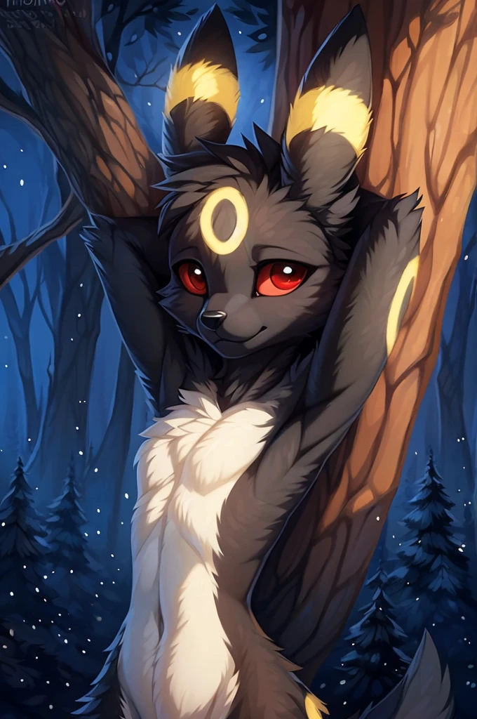 Beautiful Furry art, breathtaking, masterpiece, anthro,female,  umbreon, fluffy, small, slim, cute, umbreon standing in front of a tree(pushed against the tree) with stretched arms, hands behind the head, night forest scenario, superb illustration, realistic fur, (by hioshiru artstyle), red eyes with black pupils, ) 