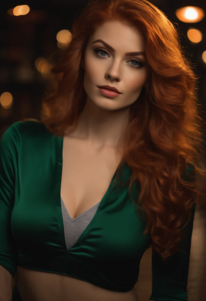 professional, (4k photo:1.1) by (Jeremy Lipking:0.3), (Dittmann Anna:0.3), (Arian Mark:0.3), (Sharp focus:1.3), high detail, wearing (tight shirt:1.2), beautiful detailed face, an attractive woman with long red hair looks into the camera, looking like actress Katherine McNamara, in a disco club, panasonic lumix s pro 50mm f/1.4, anne stokes, color splash, dark orange and dark emerald, ferrania p30, photo realistic, (attractive young woman:1.3), (seductive:1.1), (blushing:1.1), hourglass body shape, big round breasts, wide hips, in background city, taking selfie, wearing jumper
