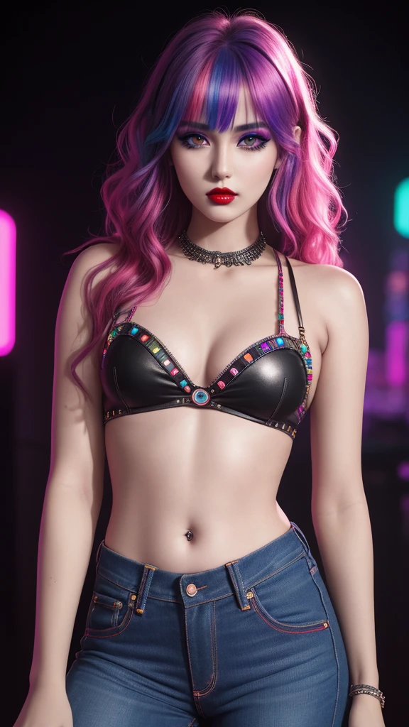 age girl, rainbow hair, intricate rock style fastener, thorough gorgeous face, beautiful makeup, very red lips, skinny, beautiful belly, diaphragm display, rock style jeans, 18k, RAW photos, top quality, masterpieces, ultra high definition, neon light nightclub background.