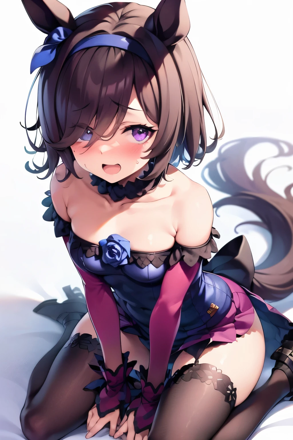 nsfw,((one man and one woman,having sex)),crawl on all fours,riding on top of a naked man,ウマ娘のNishinohana,Uma Musume,Nishinohana,short hair,red headband,beautiful purple eyes,black dress,frills,Blue rose,black stockings,cute,Curvaceous,smile with open mouth,blush,embarrassed face,upward glance,simple background,best image quality,highest quality,masterpiece