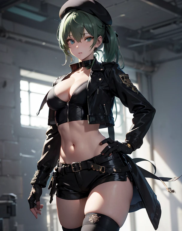 ubel,dark green hair,long hair,side ponytail,hair between eyes,bangs, BREAK (beret, black jacket, open clothes, cleavage, midriff, black shorts, black thighhighs, thigh strap, fingerless gloves, single glove:1.2) BREAK blurry background, BREAK pose, hand on hip, BREAK (masterpiece:1.2), best quality, high resolution, unity 8k wallpaper, (illustration:0.8), (beautiful detailed eyes:1.6), extremely detailed face, perfect lighting, extremely detailed CG, (perfect hands, perfect anatomy),
