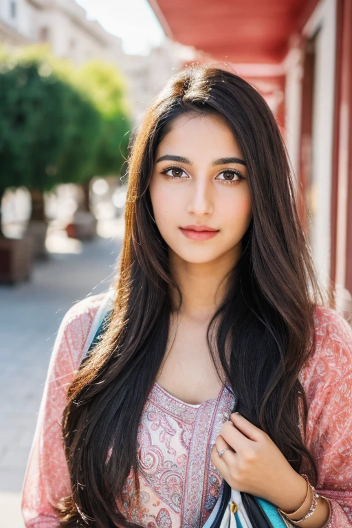 A 30-year-old woman of mixed Indian and Moroccan , long hair , very realistic, 4K, in the open air, a hand holding a bag,Classy and pretty.