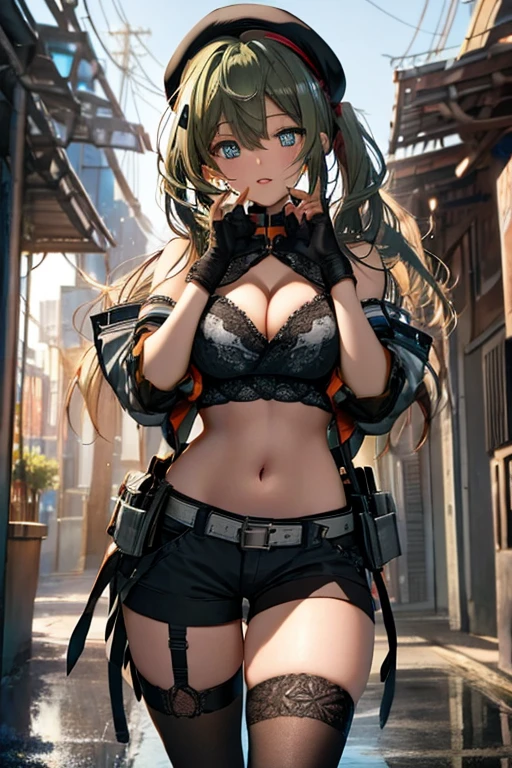 ubel,dark green hair,long hair,side ponytail,hair between eyes,bangs, BREAK (beret, black jacket, open clothes, cleavage, midriff, black shorts, black thighhighs, thigh strap, fingerless gloves, single glove:1.2) BREAK blurry background, BREAK pose, hand on hip, BREAK (masterpiece:1.2), best quality, high resolution, unity 8k wallpaper, (illustration:0.8), (beautiful detailed eyes:1.6), extremely detailed face, perfect lighting, extremely detailed CG, (perfect hands, perfect anatomy),
