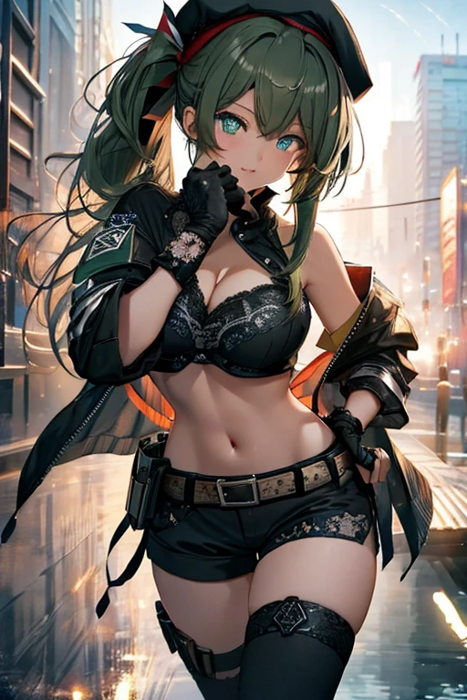 ubel,dark green hair,long hair,side ponytail,hair between eyes,bangs, BREAK (beret, black jacket, open clothes, cleavage, midriff, black shorts, black thighhighs, thigh strap, fingerless gloves, single glove:1.2) BREAK blurry background, BREAK pose, hand on hip, BREAK (masterpiece:1.2), best quality, high resolution, unity 8k wallpaper, (illustration:0.8), (beautiful detailed eyes:1.6), extremely detailed face, perfect lighting, extremely detailed CG, (perfect hands, perfect anatomy),