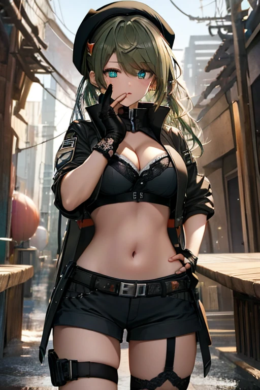 ubel,dark green hair,long hair,side ponytail,hair between eyes,bangs, BREAK (beret, black jacket, open clothes, cleavage, midriff, black shorts, black thighhighs, thigh strap, fingerless gloves, single glove:1.2) BREAK blurry background, BREAK pose, hand on hip, BREAK (masterpiece:1.2), best quality, high resolution, unity 8k wallpaper, (illustration:0.8), (beautiful detailed eyes:1.6), extremely detailed face, perfect lighting, extremely detailed CG, (perfect hands, perfect anatomy),
