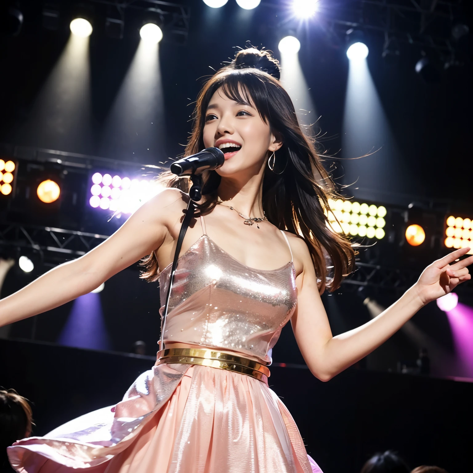 highest quality、Super fine、real、cowboy shot、top idol、beautiful detailed eyes、beautiful detailed lips、Girl in the Garden、professional、Bright colors、soft lighting、media：oil、glamorous、stylish、confident look、shiny hair、 Shining stage、Energetic dance moves、Spring fairy-inspired costume、perfect makeup、enthusiastic fan、Concert atmosphere、dynamic pose、Fans waving penlights、celebrity、High resolution、Stage Spotlight、Fantasy-like background、fun atmosphere、upbeat music、Unforgettable performance、 A memorable concert experience、expressive face、lively atmosphere、happy smile、Excitement and cheers、Excellent vocal skills、Stage presence、Superstar aura、a moving presence、An unforgettable idol experience、vivid description、Outstanding Personality、Talented performers、Iconic idol、enthusiastic fan、 A wave of passion and support、Huge cheers and applause、Hugely popular、charisma on stage、Unforgettable performance、Moment of emotion