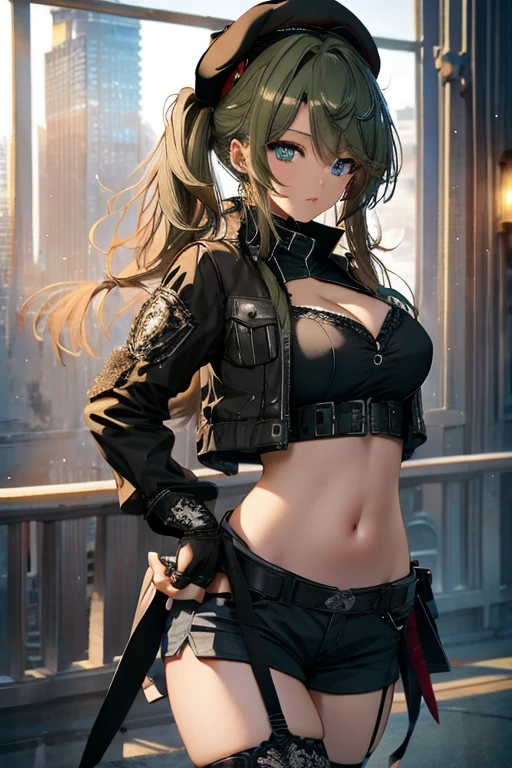 ubel,dark green hair,long hair,side ponytail,hair between eyes,bangs, BREAK (beret, black jacket, open clothes, cleavage, midriff, black shorts, black thighhighs, thigh strap, fingerless gloves, single glove:1.2) BREAK blurry background, BREAK pose, hand on hip, BREAK (masterpiece:1.2), best quality, high resolution, unity 8k wallpaper, (illustration:0.8), (beautiful detailed eyes:1.6), extremely detailed face, perfect lighting, extremely detailed CG, (perfect hands, perfect anatomy),
