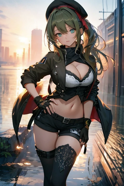 ubel,dark green hair,long hair,side ponytail,hair between eyes,bangs, BREAK (beret, black jacket, open clothes, cleavage, midriff, black shorts, black thighhighs, thigh strap, fingerless gloves, single glove:1.2) BREAK blurry background, BREAK pose, hand on hip, BREAK (masterpiece:1.2), best quality, high resolution, unity 8k wallpaper, (illustration:0.8), (beautiful detailed eyes:1.6), extremely detailed face, perfect lighting, extremely detailed CG, (perfect hands, perfect anatomy),
