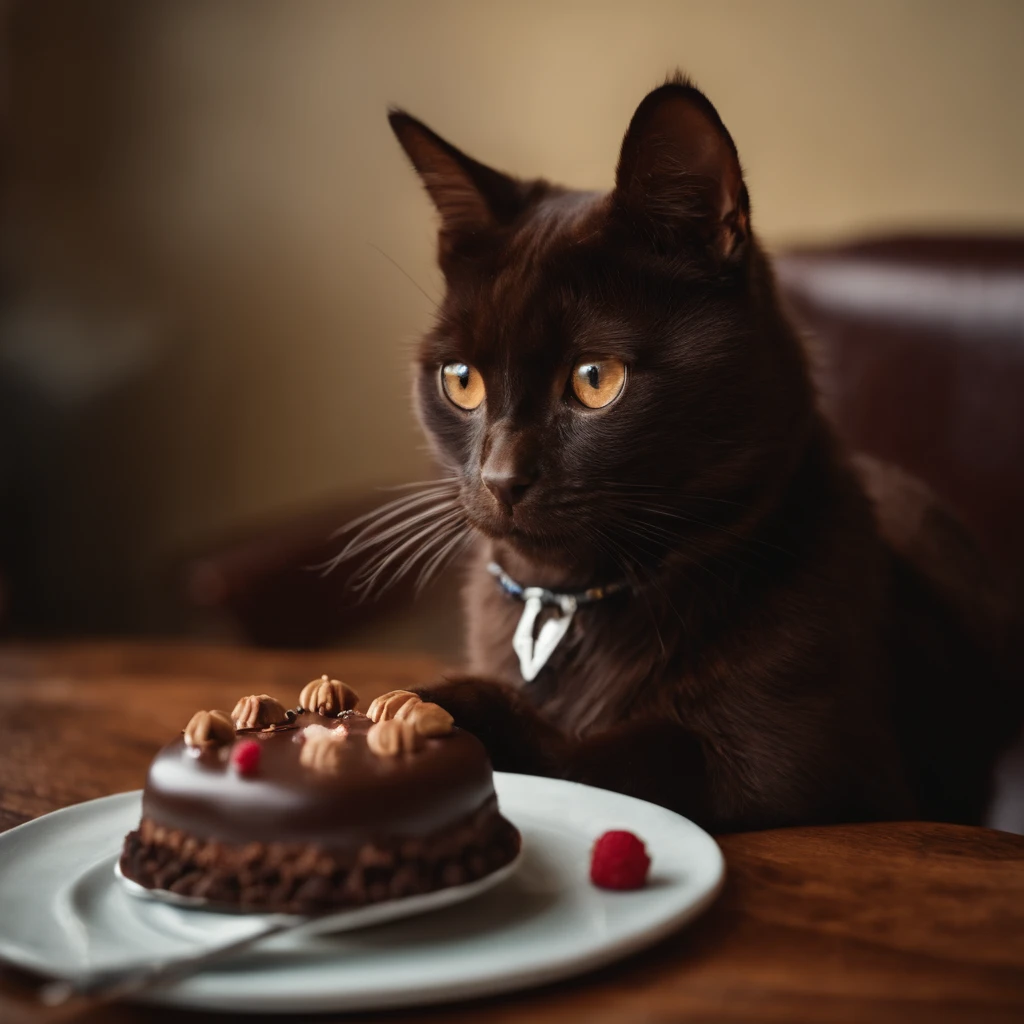 Um gato comendo um bolo de chocolate em formato de um cachorro