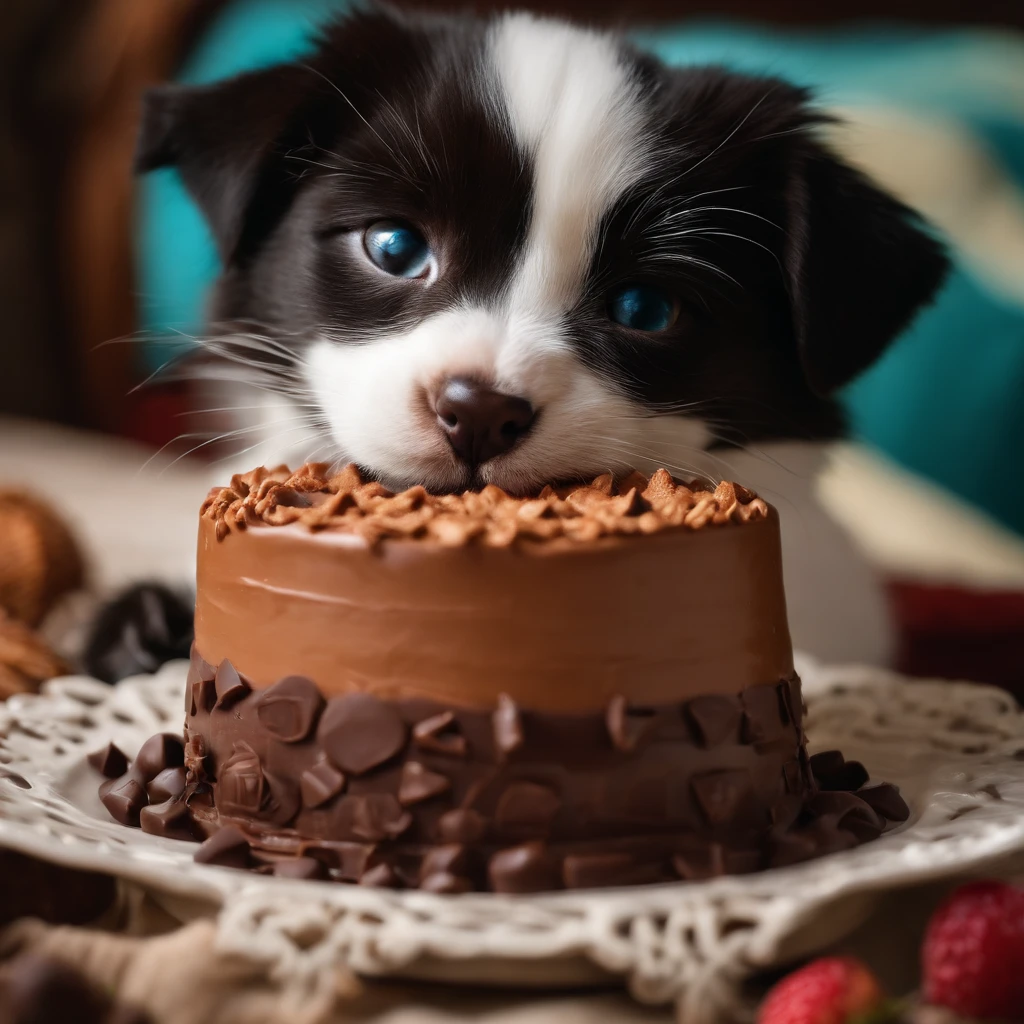 Um gato comendo um bolo de chocolate em formato de um cachorro 