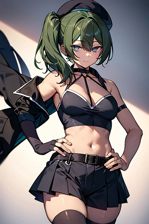 ubel,((ubel of Frieren: Beyond Journey's End )),dark green hair,long hair,side ponytail,hair between eyes,bangs, BREAK (beret, black jacket, open clothes, cleavage, midriff, black shorts, black thighhighs, thigh strap, fingerless gloves, single glove:1.2) , (dynamic angle:1.3, front view:1.1, breast focus:1.3, from below:1.2), (dynamic posing:1.5, sexy posing:1.2, leaning forward), (seductive smiling:1.3),(*K) HD, highest quality, WorKs of masters, High resolution, spread legs, panties shot,1 girl, small nose,(with sparkling eyes and a contagious smile), very beautiful detailed face and eyes, bright colors, cute face, delicate beautiful face, Bright magenta eyes, cute eyes, sparkling eyes, Big eyes, (big breasts:1.3), (perky chest:1.1), (pointed chest:1.0), medium hips, glamorous body, white skin, smile, thin pubric hair, shiny hair, super beautiful face, Super beautiful eyes, Super beautiful hair,trendy outfit,sexy and attractive,explosion of colors,big hairpin,full body esbian,illegal occupation, Real World, Natural light,perfect Natural light,looking at viewer,