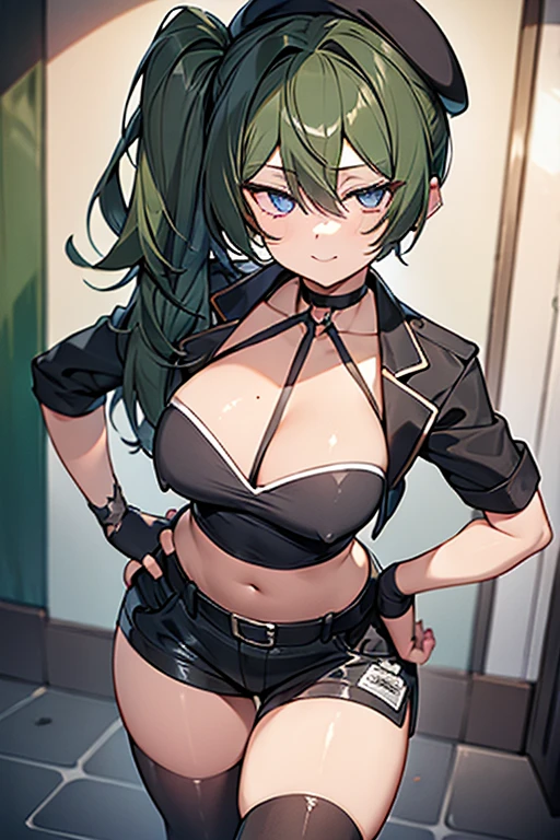 ubel,dark green hair,long hair,side ponytail,hair between eyes,bangs, BREAK (beret, black jacket, open clothes, cleavage, midriff, black shorts, black thighhighs, thigh strap, fingerless gloves, single glove:1.2) BREAK blurry background, BREAK pose, hand on hip, BREAK (masterpiece:1.2), best quality, high resolution, unity 8k wallpaper, (illustration:0.8), (beautiful detailed eyes:1.6), extremely detailed face, perfect lighting, extremely detailed CG, (perfect hands, perfect anatomy),
