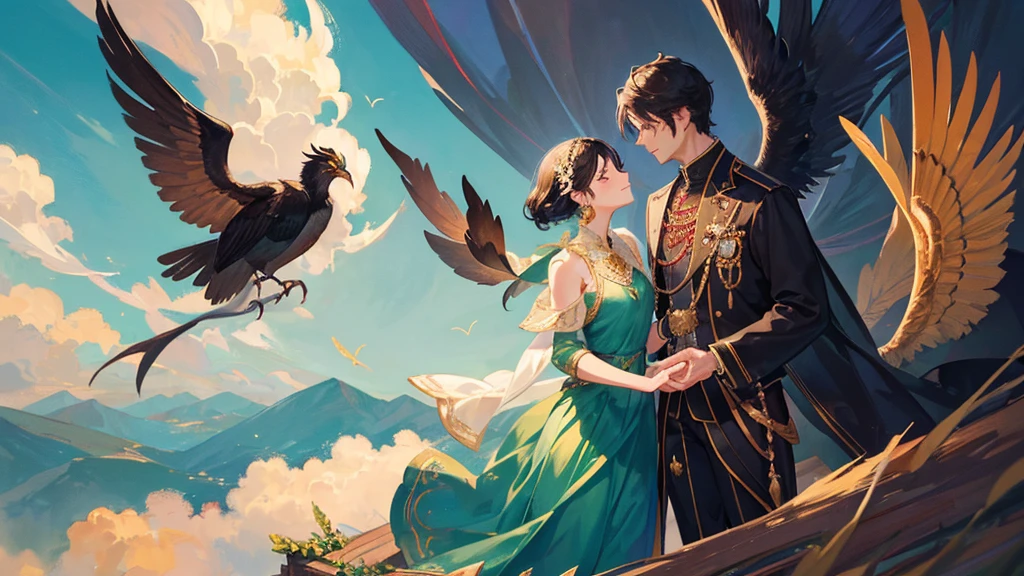 couple, handsome boy, black hair, royal clothes, boy with majestic black wings, phoenix bird, beautiful girl, mint colored hair, royal clothes, girl with fairy wings, flying dragonflies, romantic pose, 8k resolution, sky