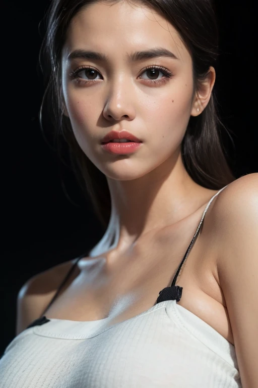 dressed, (photo realistic:1.4), (hyper realistic:1.4), (realistic:1.3), (smoother lighting:1.05), (increase cinematic lighting quality:0.9), 32K, 1girl,20yo girl, (huge breasts: 1.2), realistic lighting, backlighting, light on face, ray trace, (brightening light:1.2), (Increase quality:1.4), (best quality real texture skin:1.4), finely detailed eyes, finely detailed face, finely quality eyes, (tired and sleepy and satisfied:0.0), face closeup, white loose tank top , (((black under strap))) (Increase body line mood:1.1), (Increase skin texture beauty:1.1)