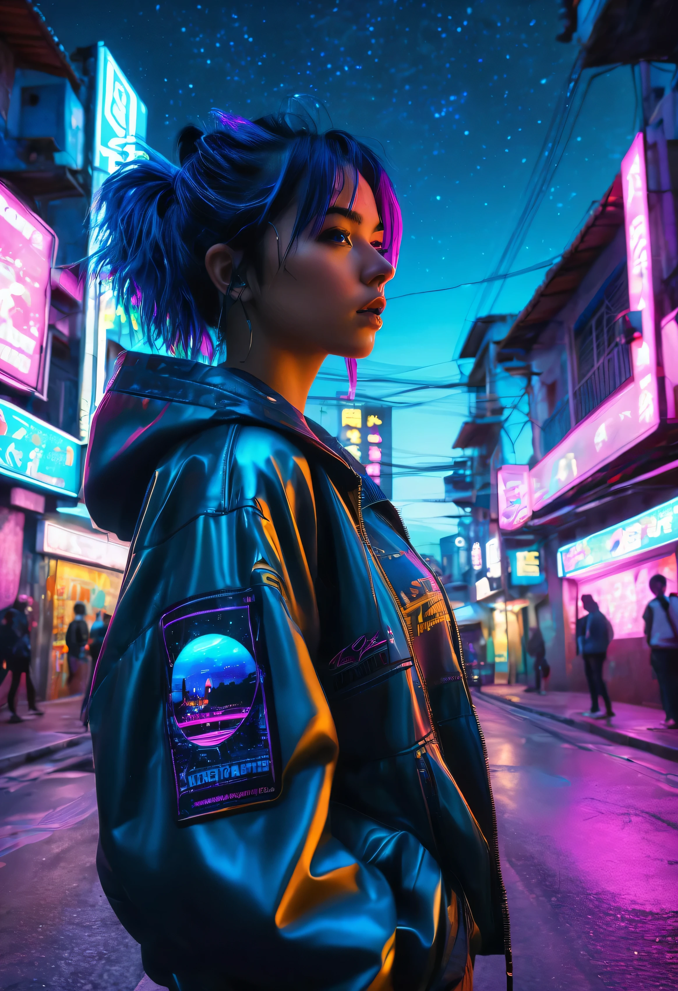 (obra de arte), Melhor qualidade, ultra high resolution,garotinha, cyberpunk 1girl voando sobre uma paisagem urbana deslumbrante ,capuz,cabelo azul,  estrelas cadentes em cor neon, cabelo muito comprido, fora do ombro, enfeite de cabelo de pena, neon colors, pisca, stunning night sky, cinematic lighting, Fotorrealista, Pele realista, HDR,olho de peixe