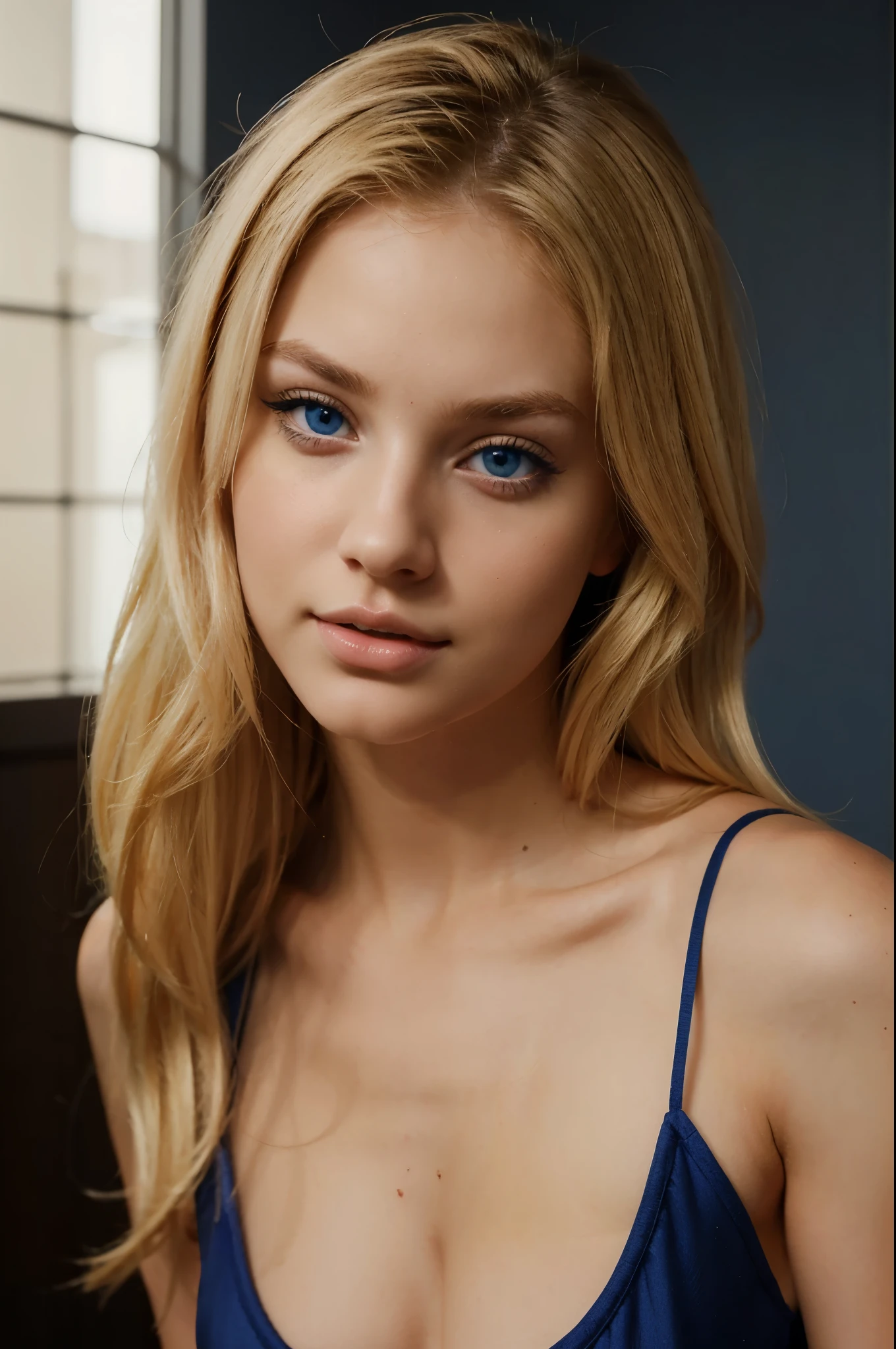 a very beautiful and attractive and seductive blonde 23 years old with blue eyes. hyper realistic
